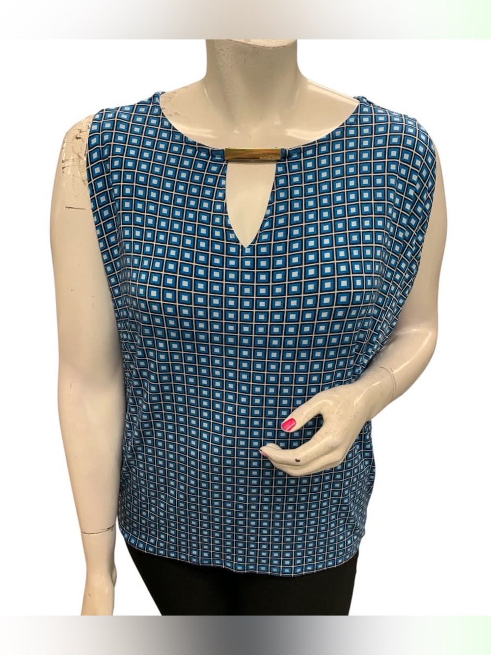 Michael Kors Blue Geometric Sleeveless Top with Gold Accent Size XL